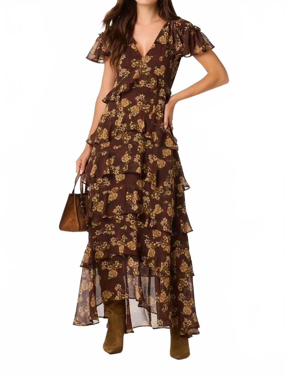 NEW ASTR odalys flutter sleeve maxi dress in brown floral
